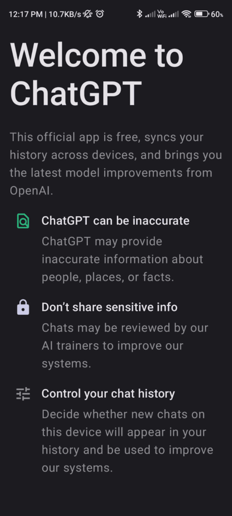 welcome message on ChatGPT