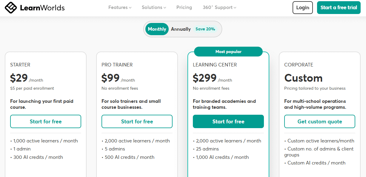 LearnWorlds Pricing Page LearnWorlds Pricing