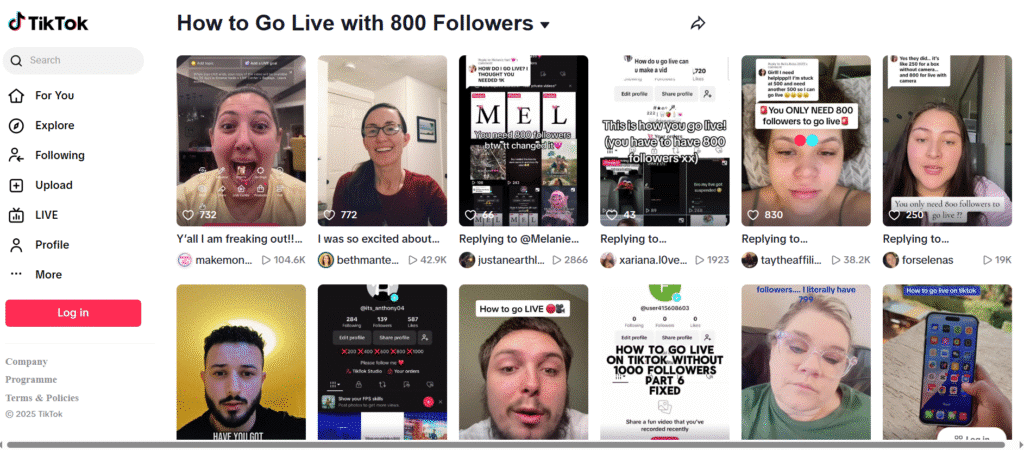 TikTok creators sharing experience going live with 800 followers