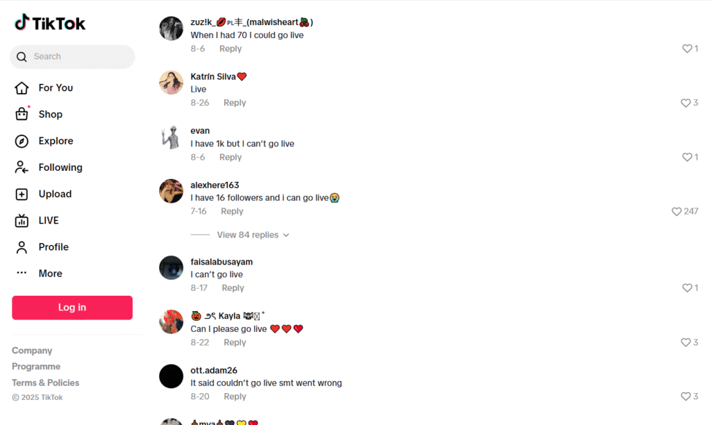 TikTok users comment about going live