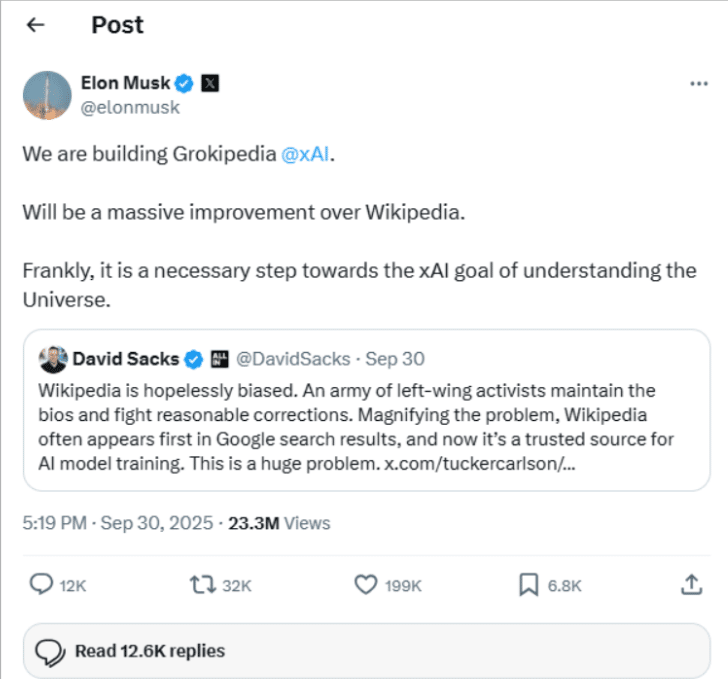 Grokipedia will be a massive improvement over Wikipedia Grokipedia will be a massive improvement over Wikipedia