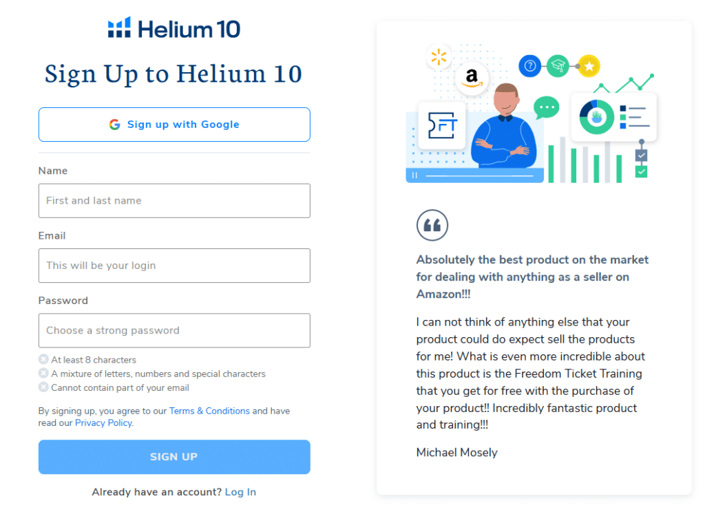 Helium 10 Sign Up Page