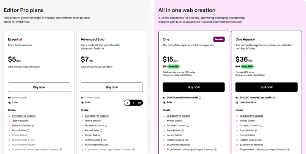 Elementor Pricing Plans