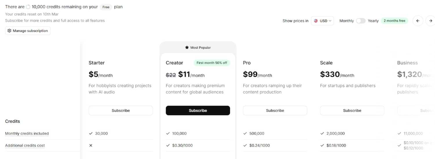 Click Subscribe under the Creator plan Click Subscribe under the Creator plan