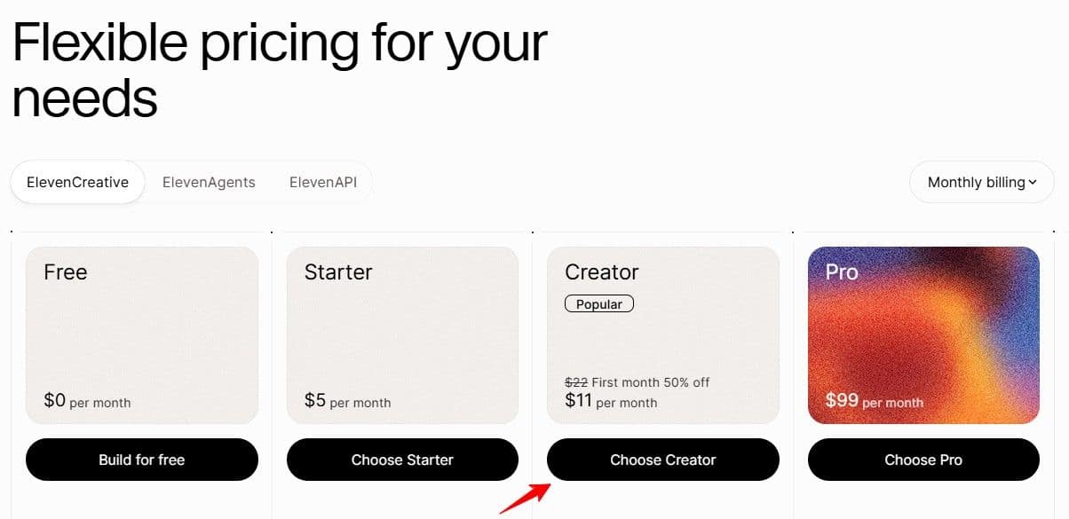 Visit the ElevenLabs pricing page Visit the ElevenLabs pricing page