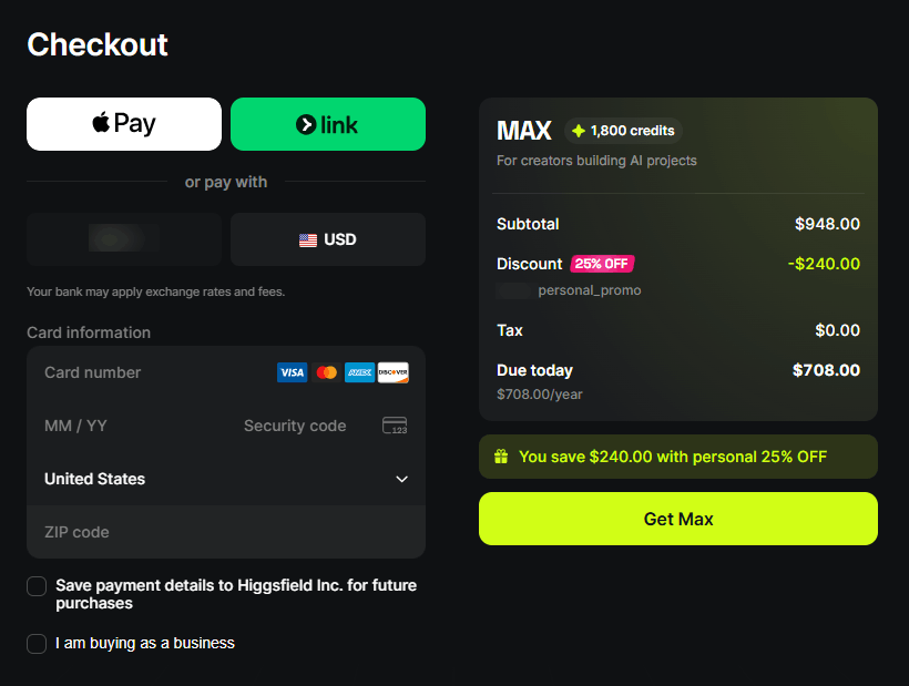 Enter Your Pay Details on Higgsfield Checkout Enter Your Pay Details on Higgsfield Checkout